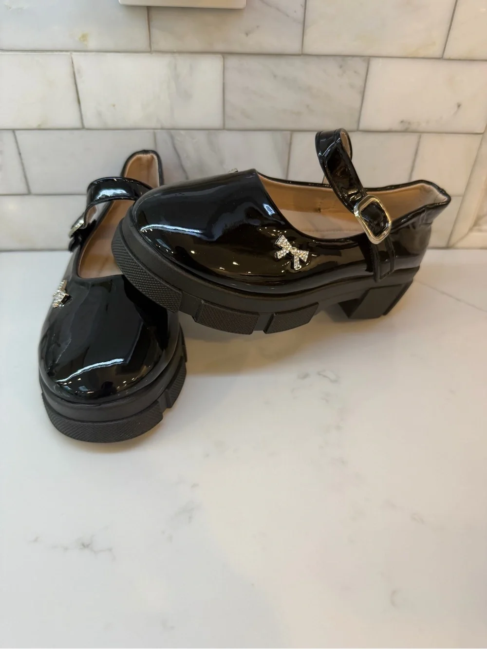 Girls' Black Patent Mary Jane Chunky Sole School Shoes
